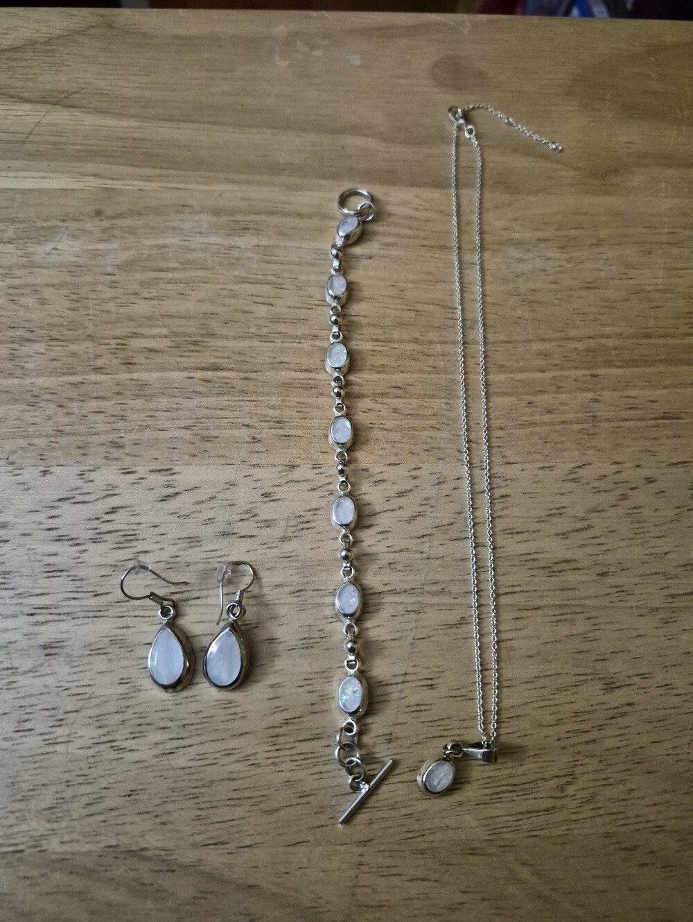 925 Sterling Silver Mexico White Opal Set Necklace, Bracelet, Earrings Set